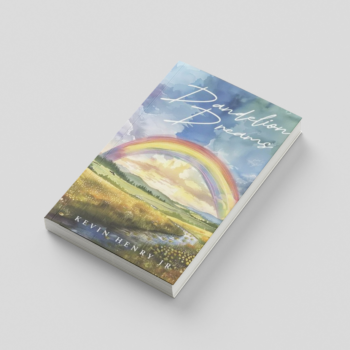 Book cover with rainbow and fields, Dandelion Dreams