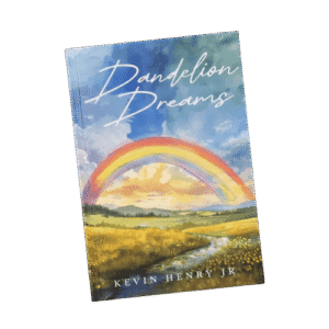 book cover with rainbow over field and river