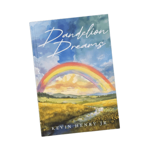 book cover with rainbow over field and river