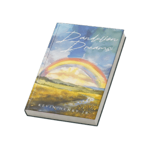 book cover with rainbow over field and river