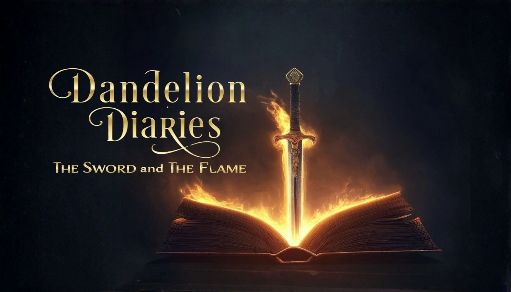 dandelion diaries in gold lettering flaming sword piercing a book on fire